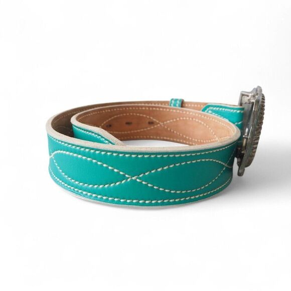 Unbranded Vintage Steel Belt Buckle with Hereford Leather Turquoise Belt 28 - Picture 4 of 7